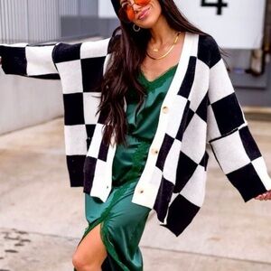 Dressed in lala Love You Oversized Checkerboard Cardigan in Black + White
